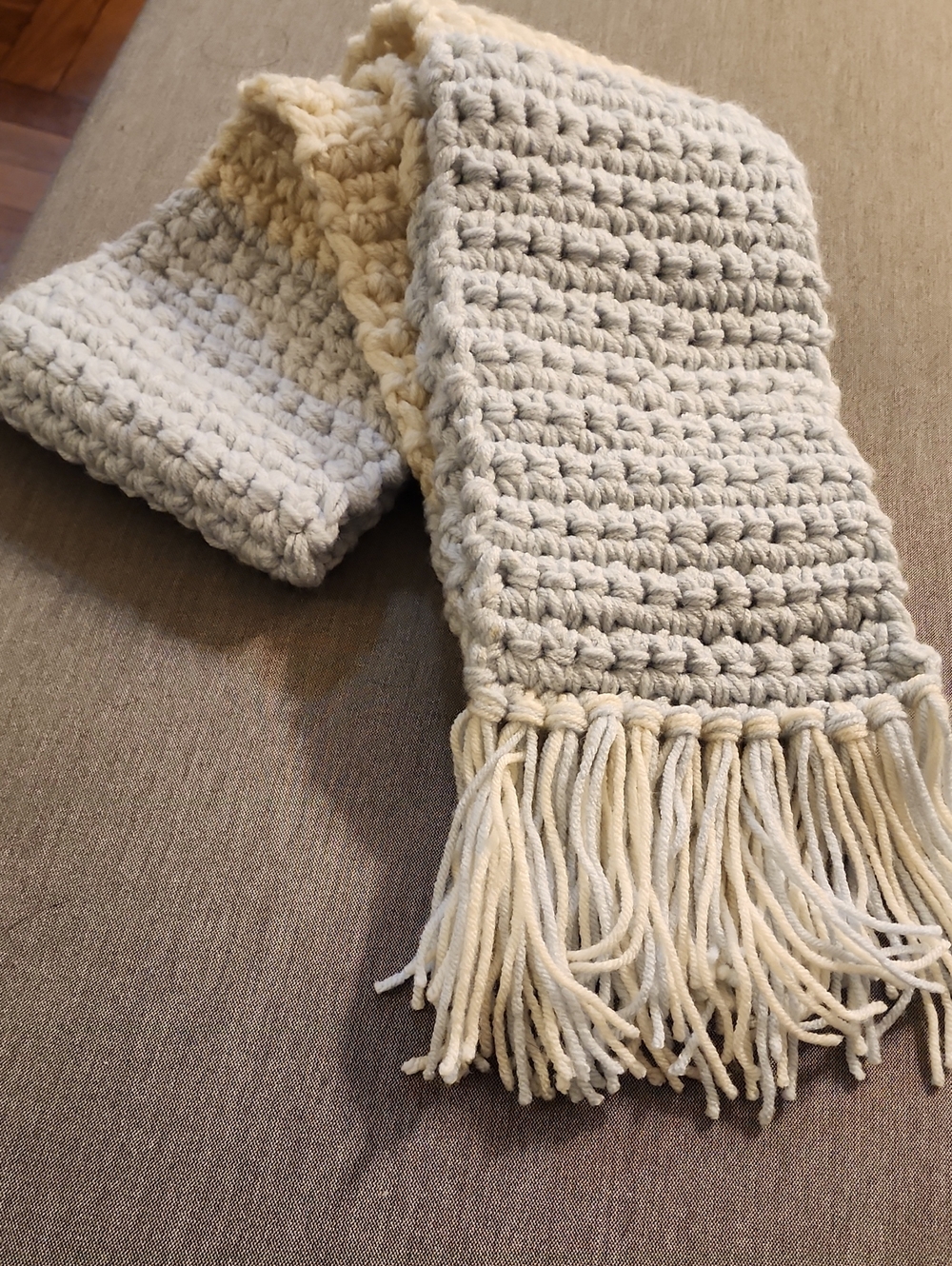 Handknit  Cream Crochet Fringe Woolen Scarf